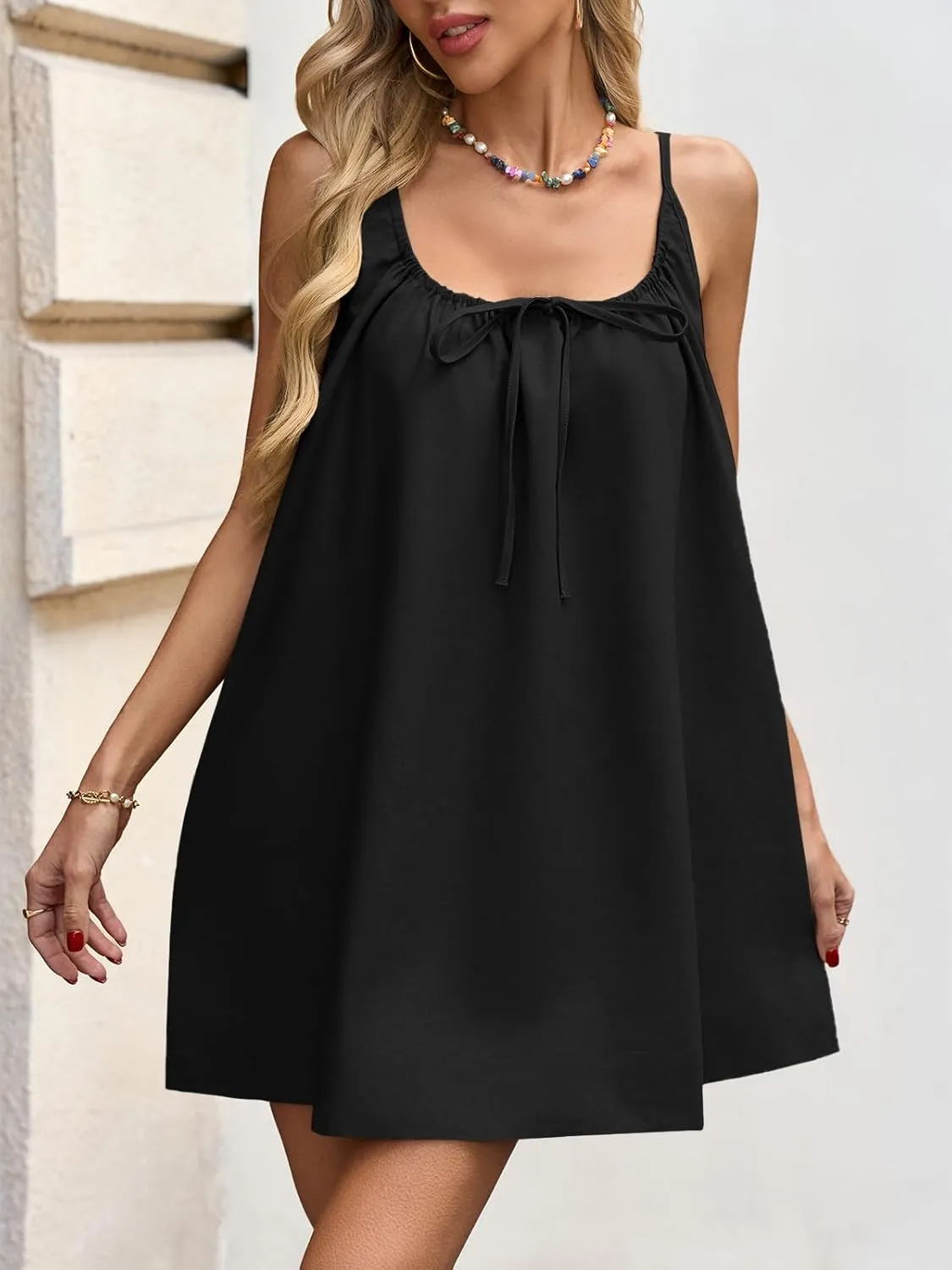 Fisoew Womens Spaghetti Strap Swimsuit Coverup Summer Linen Tie Backless Sleeveless Beach Cami Mini Dress with Pockets