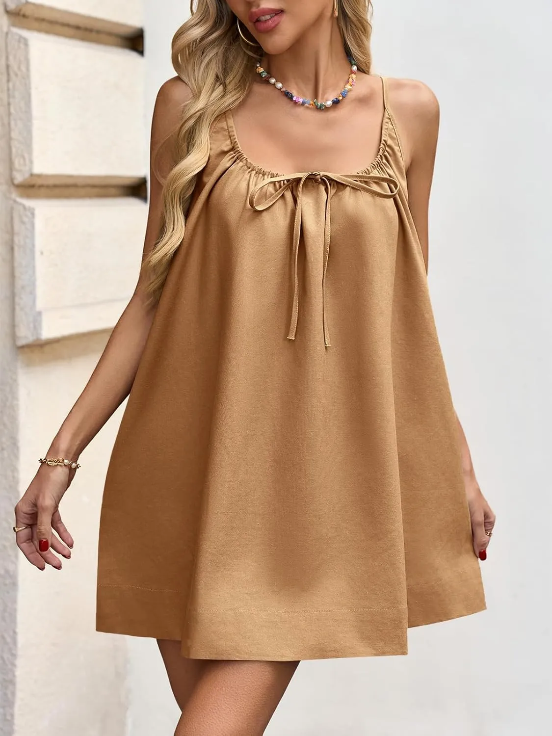 Fisoew Womens Spaghetti Strap Swimsuit Coverup Summer Linen Tie Backless Sleeveless Beach Cami Mini Dress with Pockets