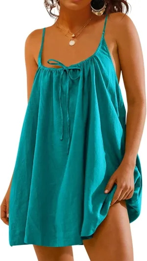 Fisoew Womens Spaghetti Strap Swimsuit Coverup Summer Linen Tie Backless Sleeveless Beach Cami Mini Dress with Pockets
