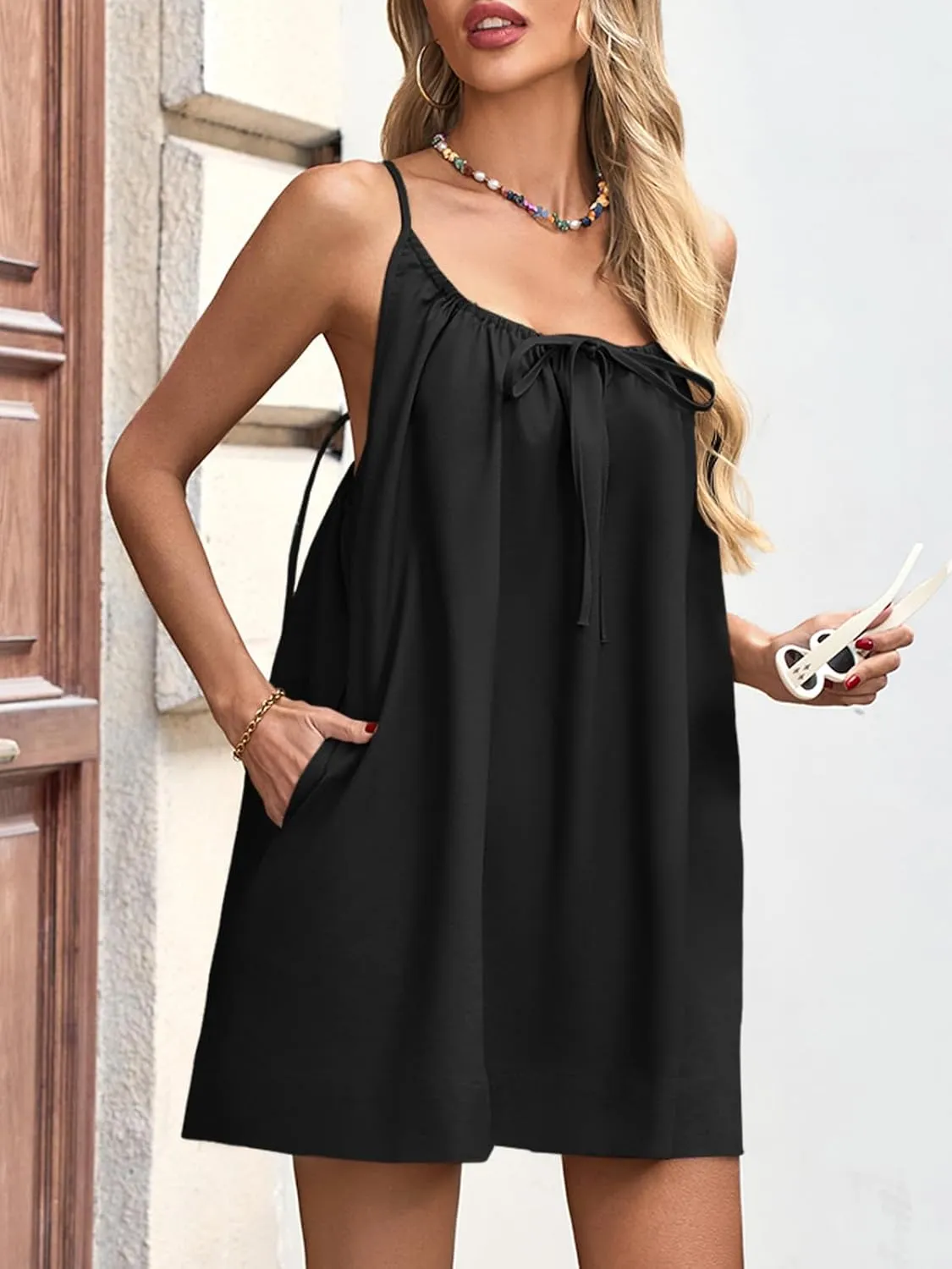 Fisoew Womens Spaghetti Strap Swimsuit Coverup Summer Linen Tie Backless Sleeveless Beach Cami Mini Dress with Pockets