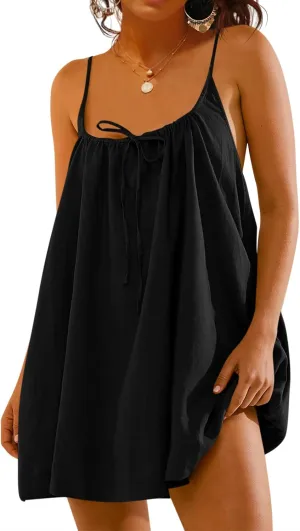 Fisoew Womens Spaghetti Strap Swimsuit Coverup Summer Linen Tie Backless Sleeveless Beach Cami Mini Dress with Pockets