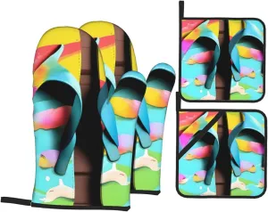 Flops Slippers Art Sandals Anti-Scalding and Heat Insulation Slip Oven Mitt and Trivets Set,Waterproof,for Baking Grilling