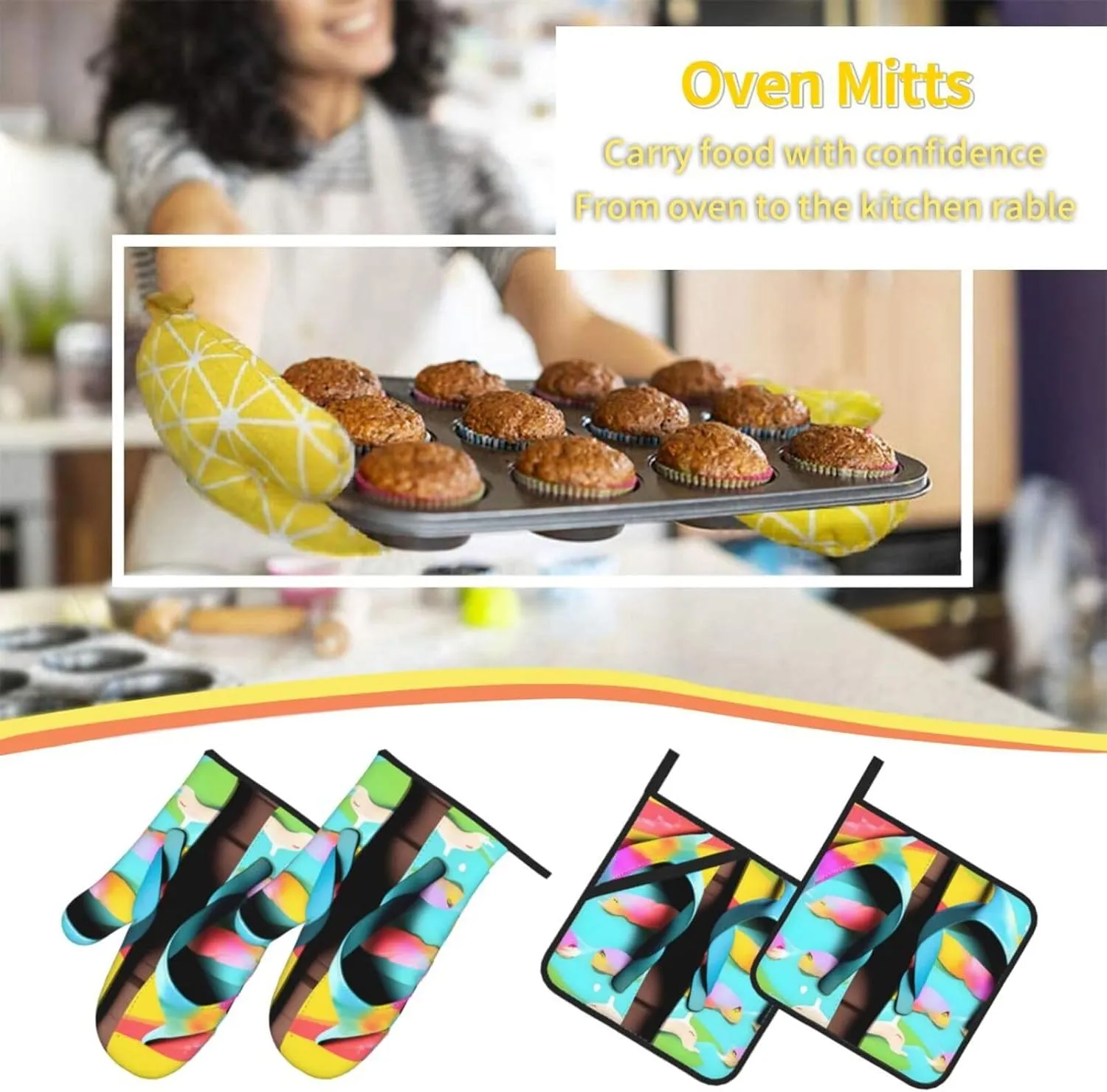 Flops Slippers Art Sandals Anti-Scalding and Heat Insulation Slip Oven Mitt and Trivets Set,Waterproof,for Baking Grilling