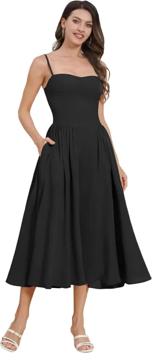 Floral Corset Dress for Women 2024 Summer Spaghetti Strap Cottagecore Dresses Milkmaid Dress Pocket Midi Sundress