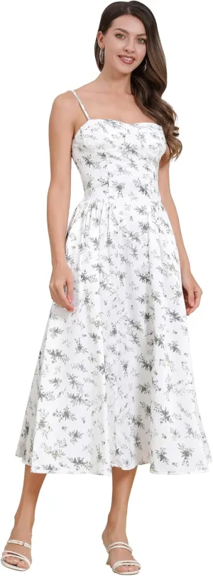 Floral Corset Dress for Women 2024 Summer Spaghetti Strap Cottagecore Dresses Milkmaid Dress Pocket Midi Sundress