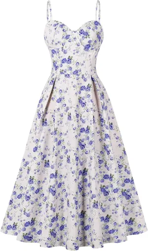 Floral Corset Dress for Women 2024 Summer Spaghetti Strap Cottagecore Dresses Milkmaid Dress Pocket Midi Sundress