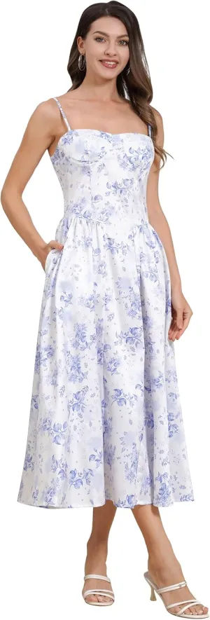 Floral Corset Dress for Women 2024 Summer Spaghetti Strap Cottagecore Dresses Milkmaid Dress Pocket Midi Sundress