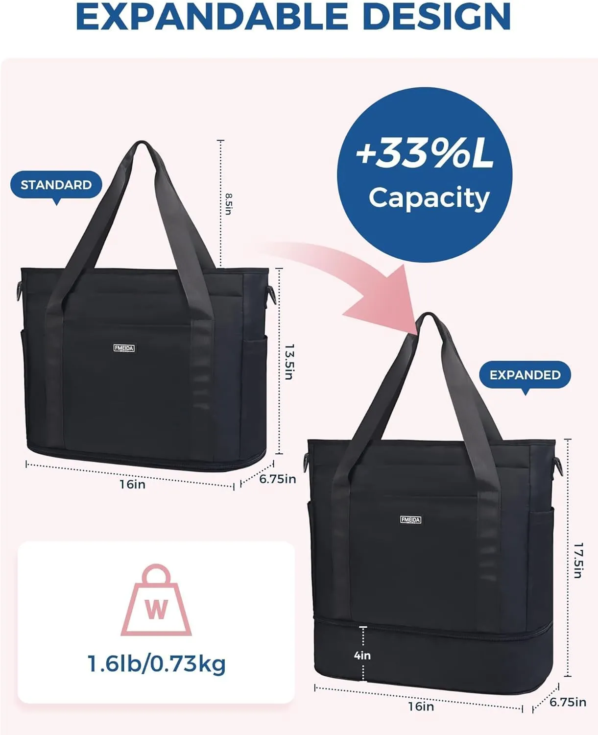 Fmeida Gym Bag for Women, 30L Expandable Travel Bags with Shoe Compartment, Sports Yoga Bag with Wet Pocket