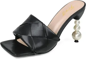 FOWT Women Cool Square Open Toe Mules Pearl Block High Heel Slippers Slip on Braid Summer Club Shoes Size 4-15 US