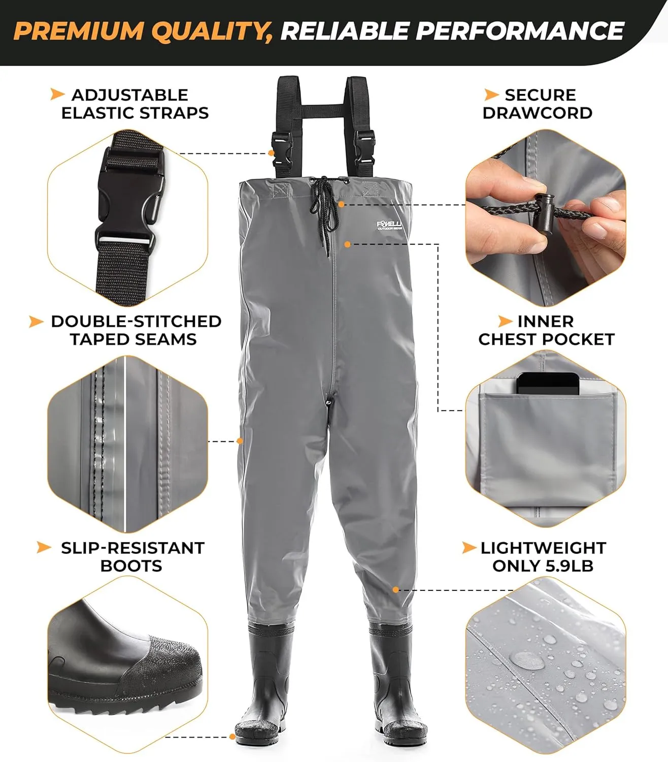 Foxelli Chest Waders - 2-ply Nylon/PVC Waterproof Lightweight Fishing Waders for Men & Women with Boots
