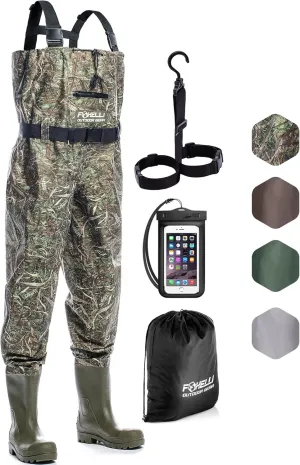 Foxelli Chest Waders – Waterproof 2-ply Nylon/PVC Camo Hunting Fishing Waders for Men and Women with Boots