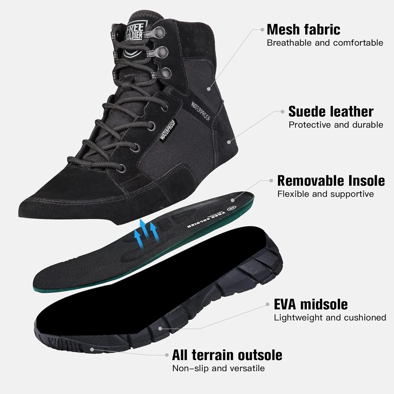 FREE SOLDIER Waterproof Hiking Work Boots Men's Tactical Boots 6 Inches Lightweight Military Boots Breathable Desert Boots