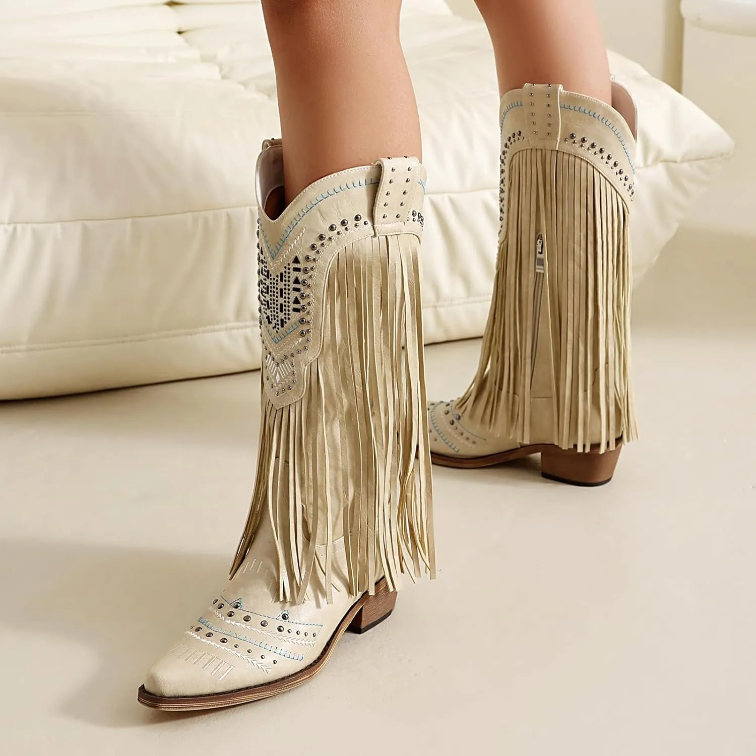 Fringe Cowboy Boots for Women Wide Calf Embroidered Tassal Cowgirl Boot Knee High Snip Toe Pull On Western Shoes