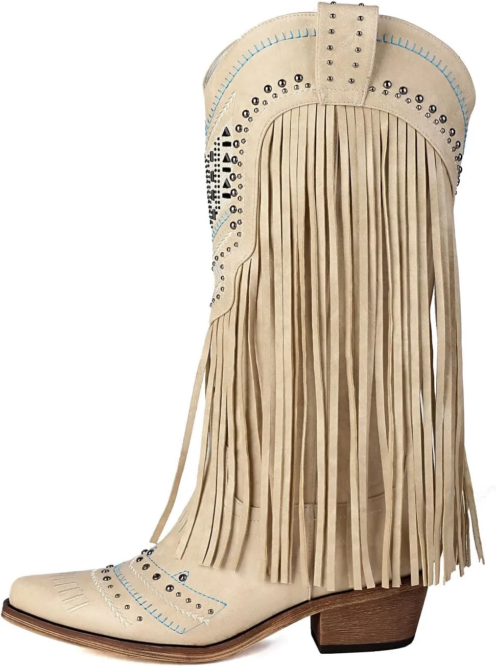 Fringe Cowboy Boots for Women Wide Calf Embroidered Tassal Cowgirl Boot Knee High Snip Toe Pull On Western Shoes