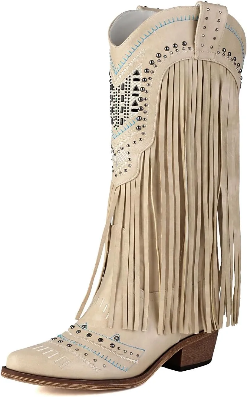 Fringe Cowboy Boots for Women Wide Calf Embroidered Tassal Cowgirl Boot Knee High Snip Toe Pull On Western Shoes
