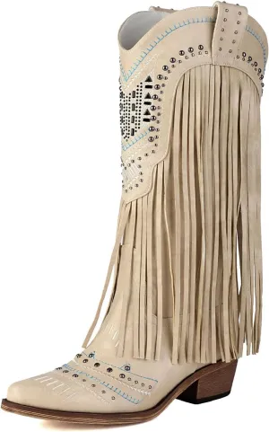 Fringe Cowboy Boots for Women Wide Calf Embroidered Tassal Cowgirl Boot Knee High Snip Toe Pull On Western Shoes