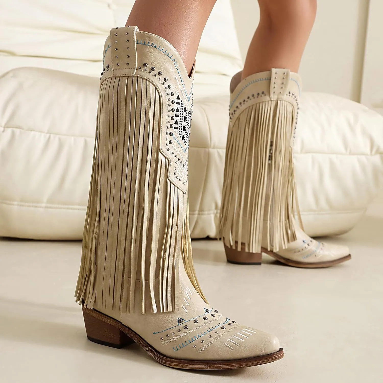Fringe Cowboy Boots for Women Wide Calf Embroidered Tassal Cowgirl Boot Knee High Snip Toe Pull On Western Shoes