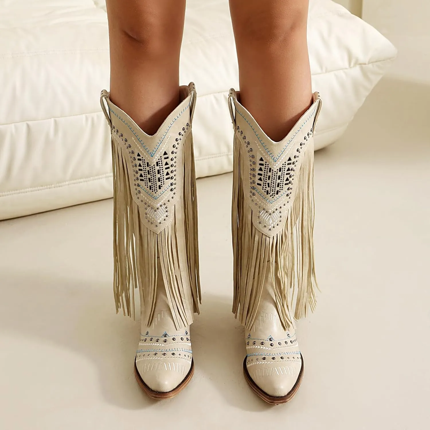 Fringe Cowboy Boots for Women Wide Calf Embroidered Tassal Cowgirl Boot Knee High Snip Toe Pull On Western Shoes