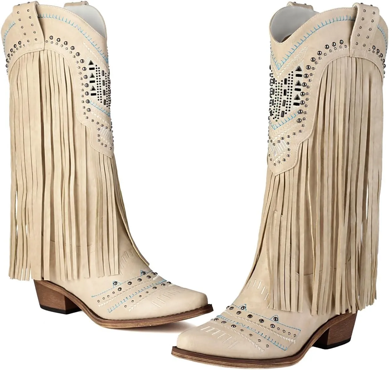 Fringe Cowboy Boots for Women Wide Calf Embroidered Tassal Cowgirl Boot Knee High Snip Toe Pull On Western Shoes