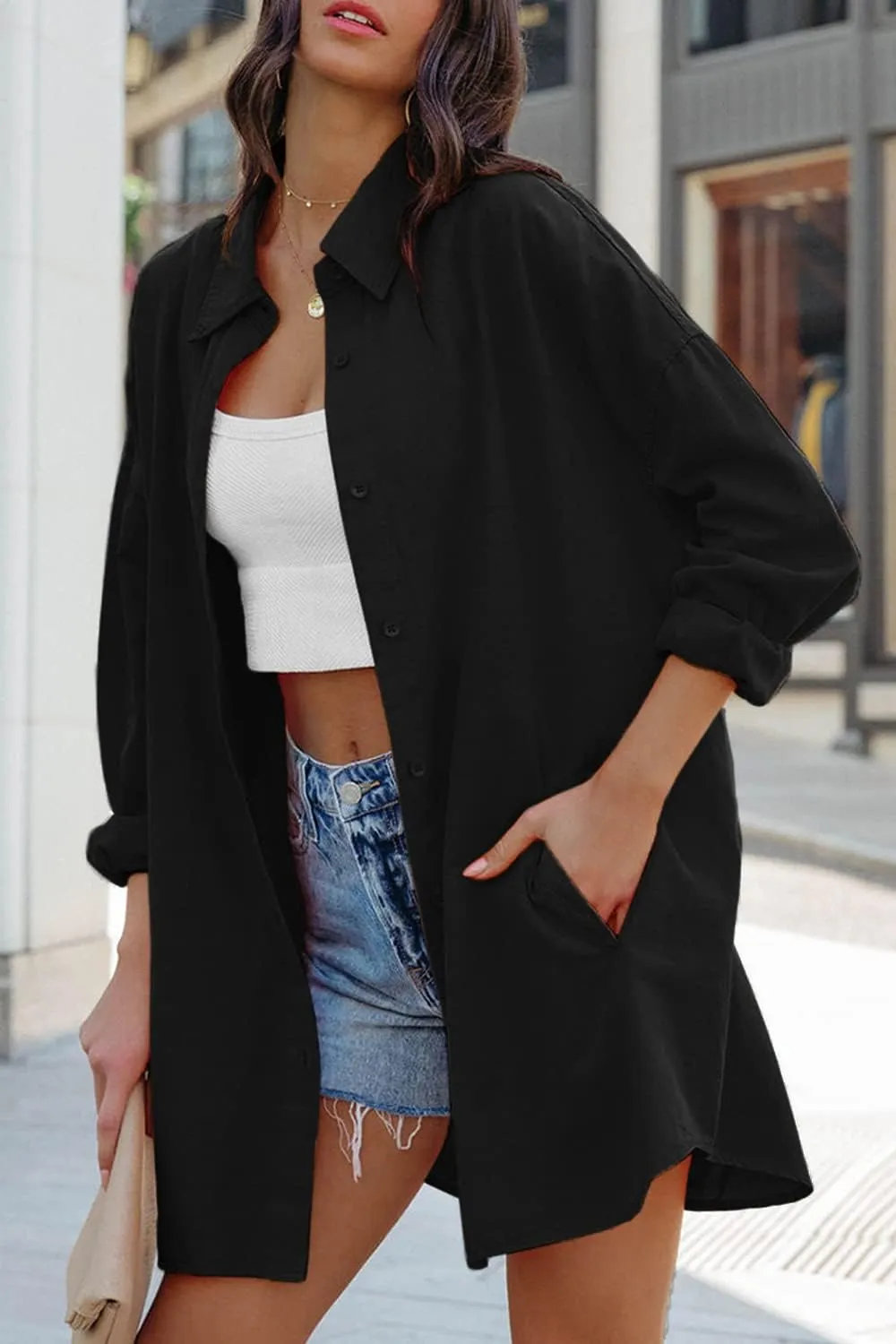 FSHAOES Womens Oversized Button Down Shirts Casual Loose Long Sleeve Solid Lapel Long Blouses Tops with Pockets