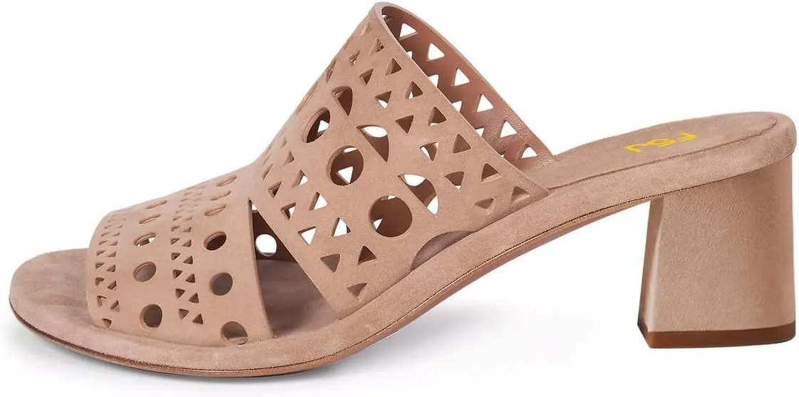 FSJ Women Open Toe Cutout Mules Slip On Backless Low Block Heel Hollow Out Perforated Sandals Holiday Shopping Shoes Size 4-16 US
