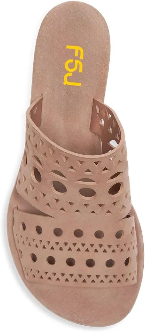 FSJ Women Open Toe Cutout Mules Slip On Backless Low Block Heel Hollow Out Perforated Sandals Holiday Shopping Shoes Size 4-16 US