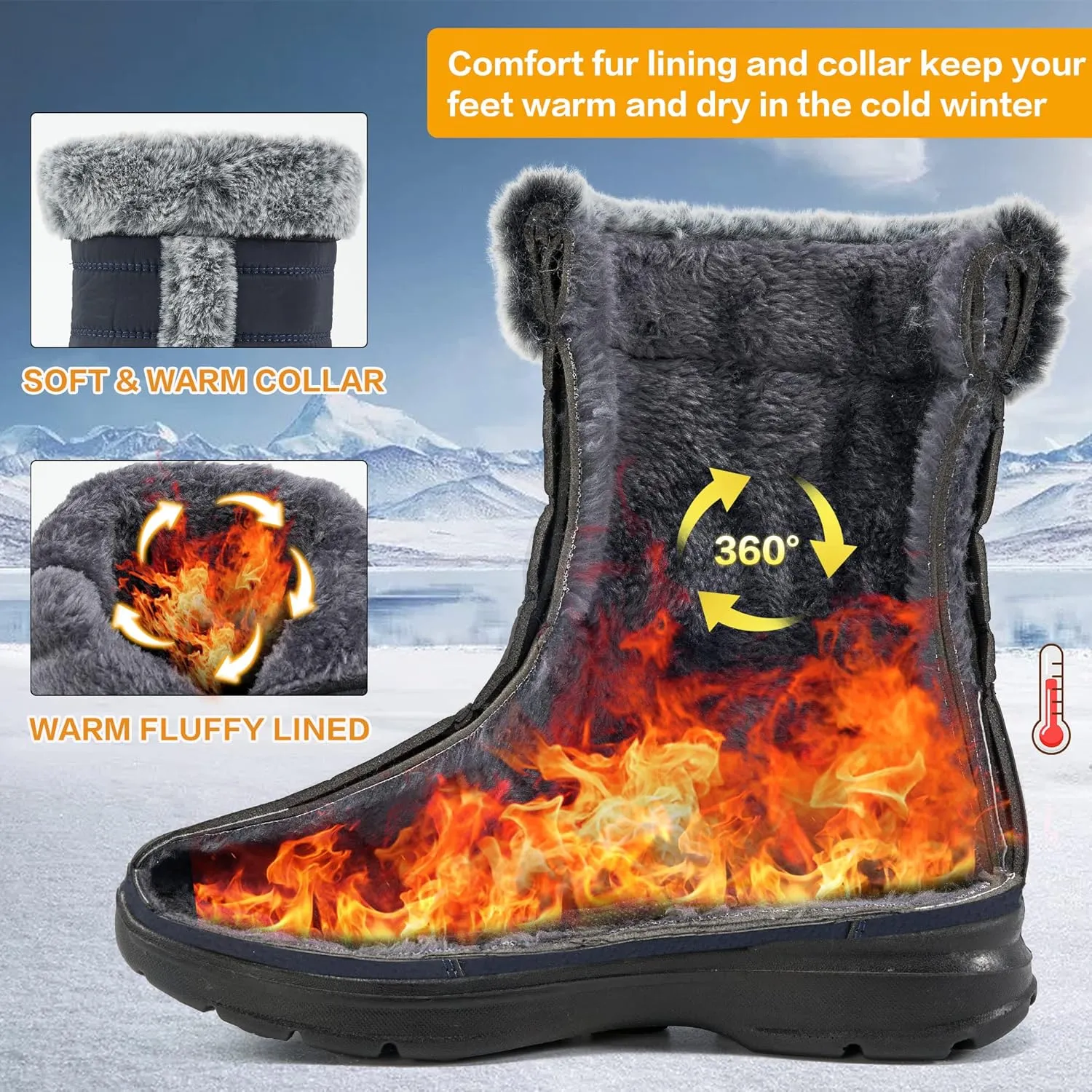 FUDYNMALC Snow Boots for Women Winter: Waterproof Lightweight Mid Calf Boots - Warm Fur Lined Outdoor Womens Boots With Zipper