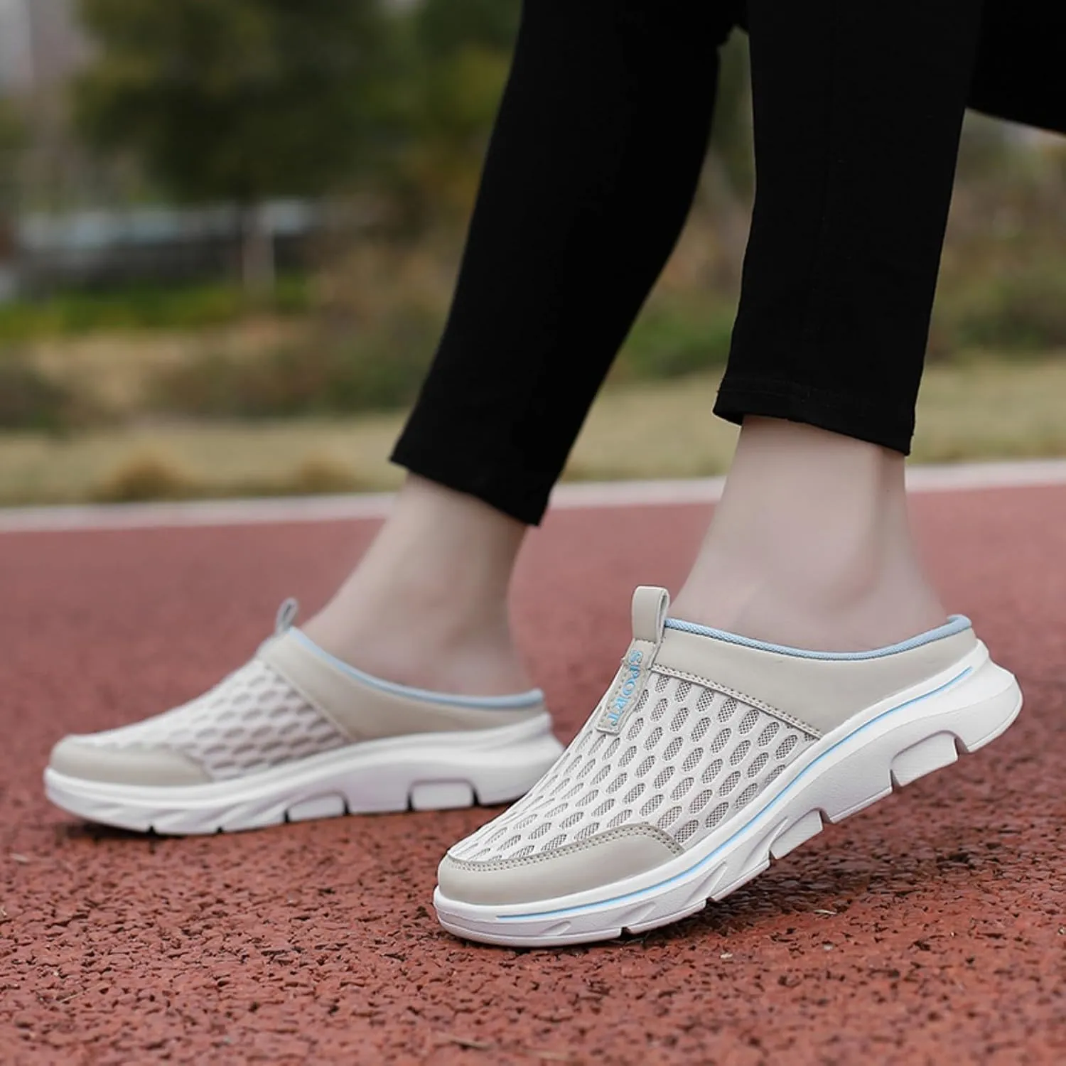 FUNCOS Women's Breathable Mesh Mules Slip-On Summer Shoes for Home Travel Slip-Resistant Sole Comfortable Walking Open Back