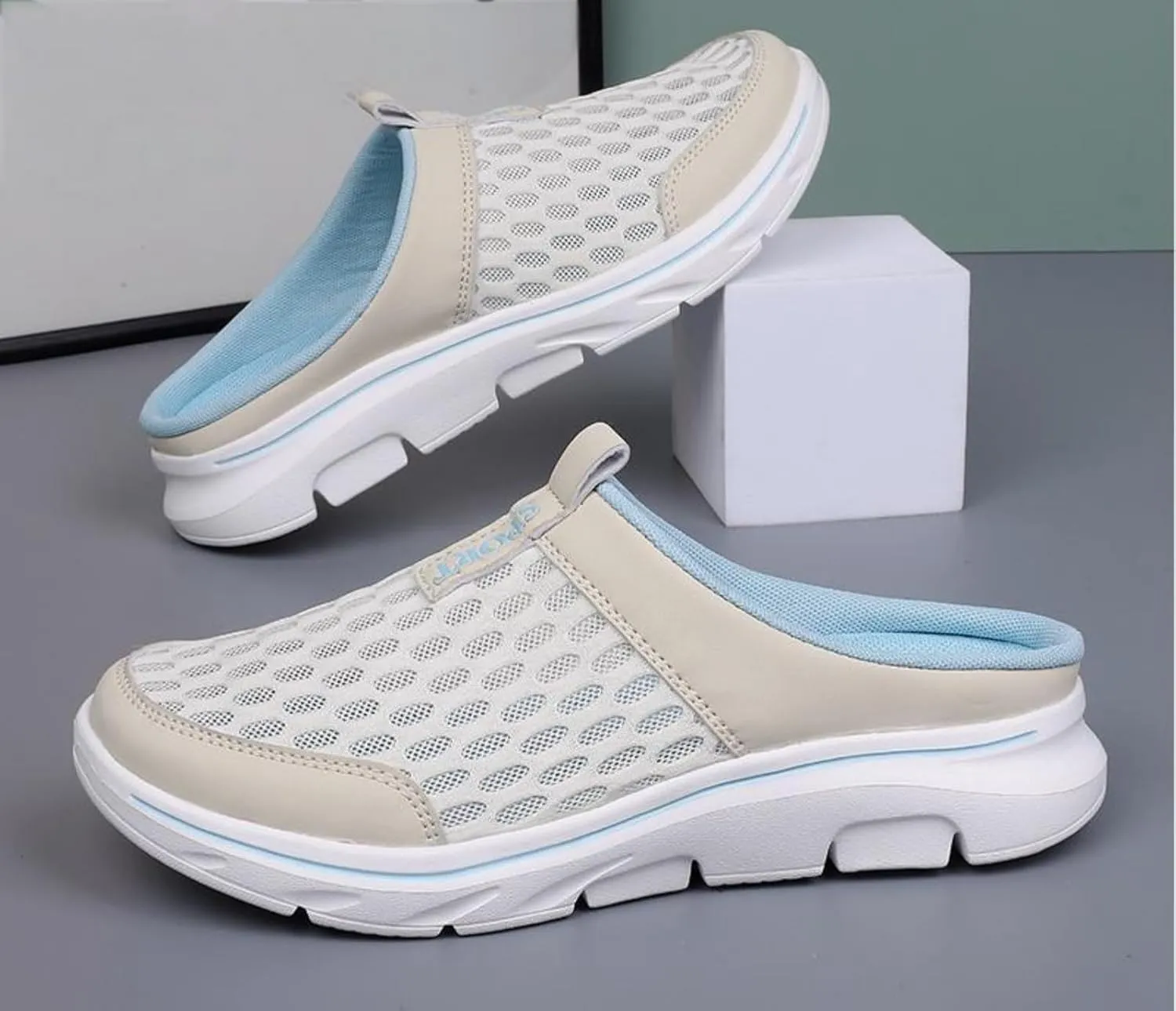 FUNCOS Women's Breathable Mesh Mules Slip-On Summer Shoes for Home Travel Slip-Resistant Sole Comfortable Walking Open Back