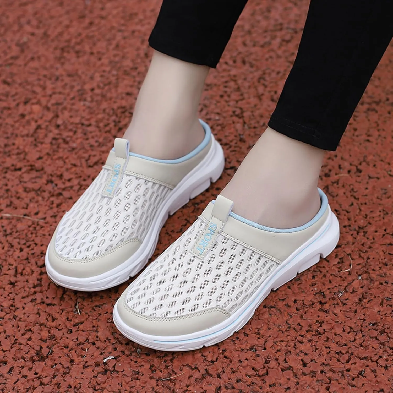FUNCOS Women's Breathable Mesh Mules Slip-On Summer Shoes for Home Travel Slip-Resistant Sole Comfortable Walking Open Back