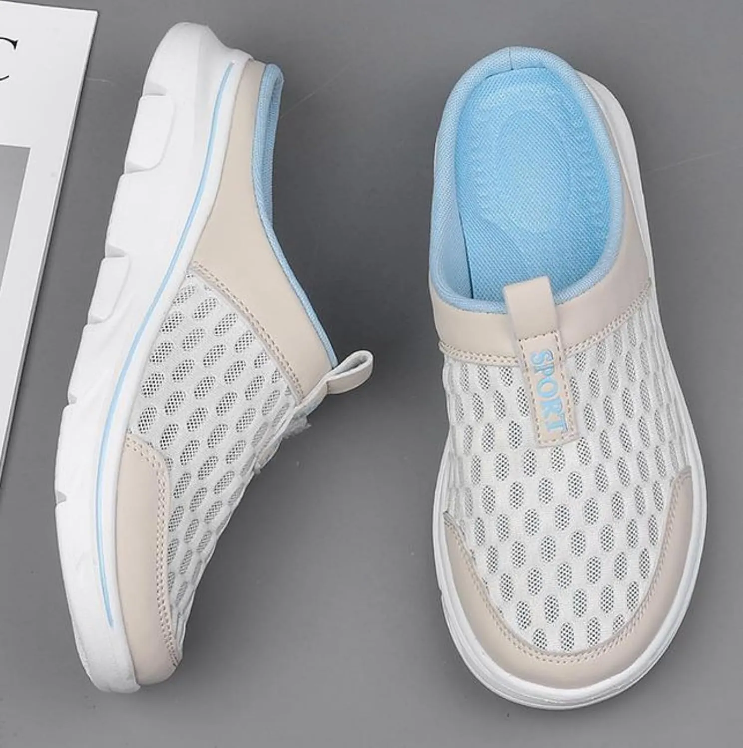 FUNCOS Women's Breathable Mesh Mules Slip-On Summer Shoes for Home Travel Slip-Resistant Sole Comfortable Walking Open Back