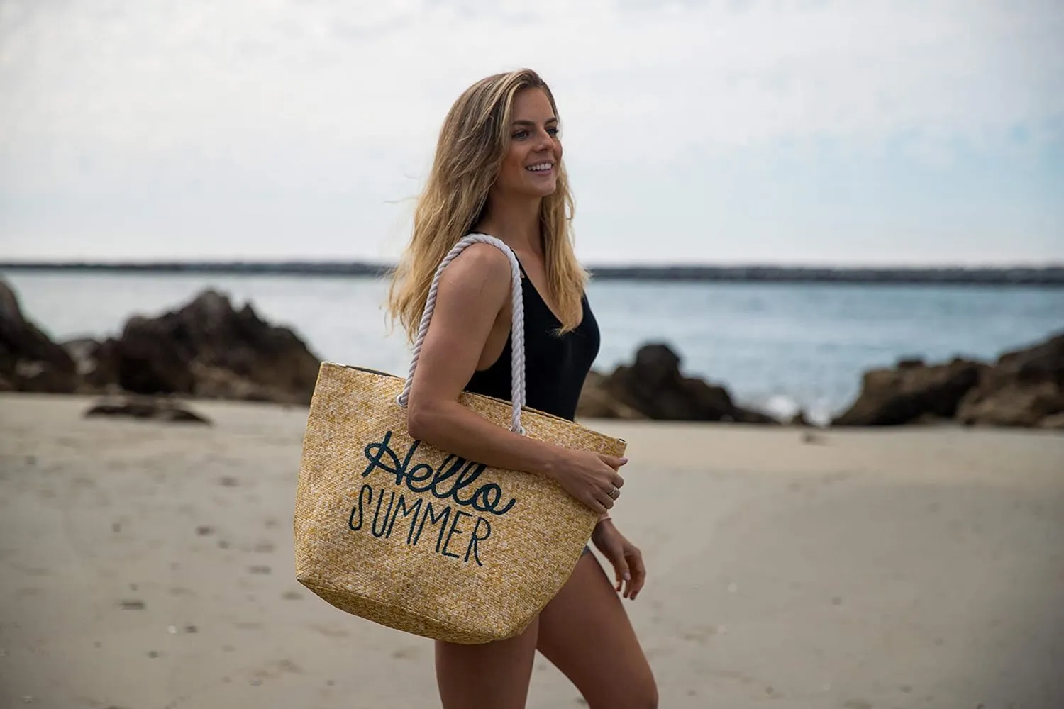 Funky Junque Stylish Straw Beach Tote Bag for Women - Summer Travel Shoulder Bag - Beach Quotes, Cattle Bags, Smiley Faces