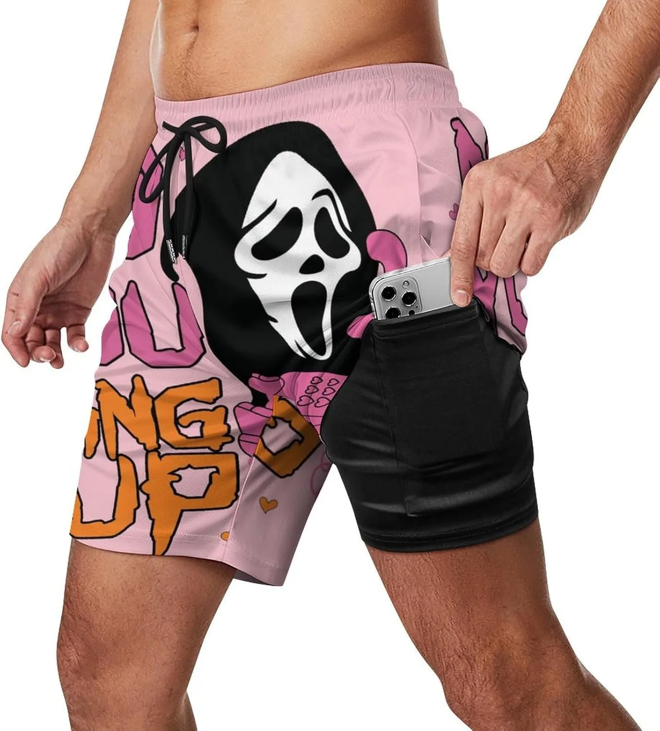 Funny Swim Trunks for Men,Pink Ghost Halloween Men's Board Shorts Pockets, Mesh Liner Beach Shorts Quick Dry Bathing Suits