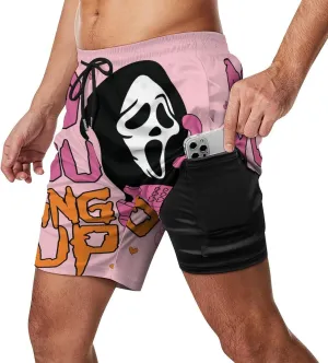 Funny Swim Trunks for Men,Pink Ghost Halloween Men's Board Shorts Pockets, Mesh Liner Beach Shorts Quick Dry Bathing Suits