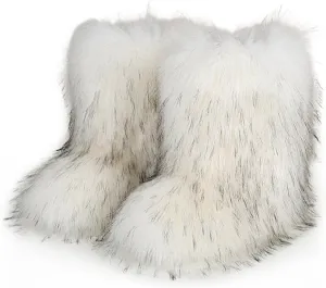 Fur Boots Warm Women's Faux Fur Boot Furry Short Snow Boot Mid-Calf Boots Outdoor Flat Shoes