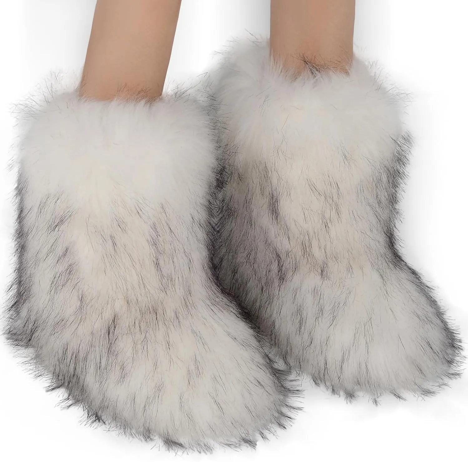 Fur Boots Warm Women's Faux Fur Boot Furry Short Snow Boot Mid-Calf Boots Outdoor Flat Shoes