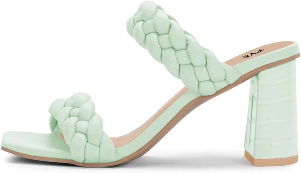 FYS Women Square Open Toe Mules Slip on Chunky High Heel Sandals Braid Cuchsioned Cool Summer Outdoor Indoor Shoes Size 4-15 US