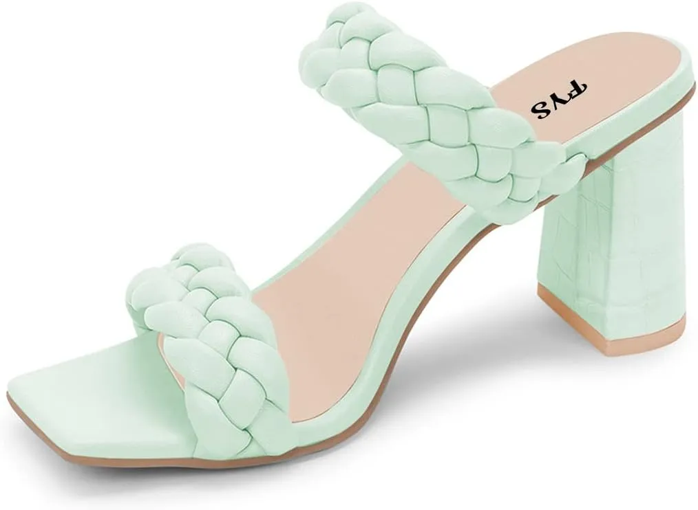 FYS Women Square Open Toe Mules Slip on Chunky High Heel Sandals Braid Cuchsioned Cool Summer Outdoor Indoor Shoes Size 4-15 US