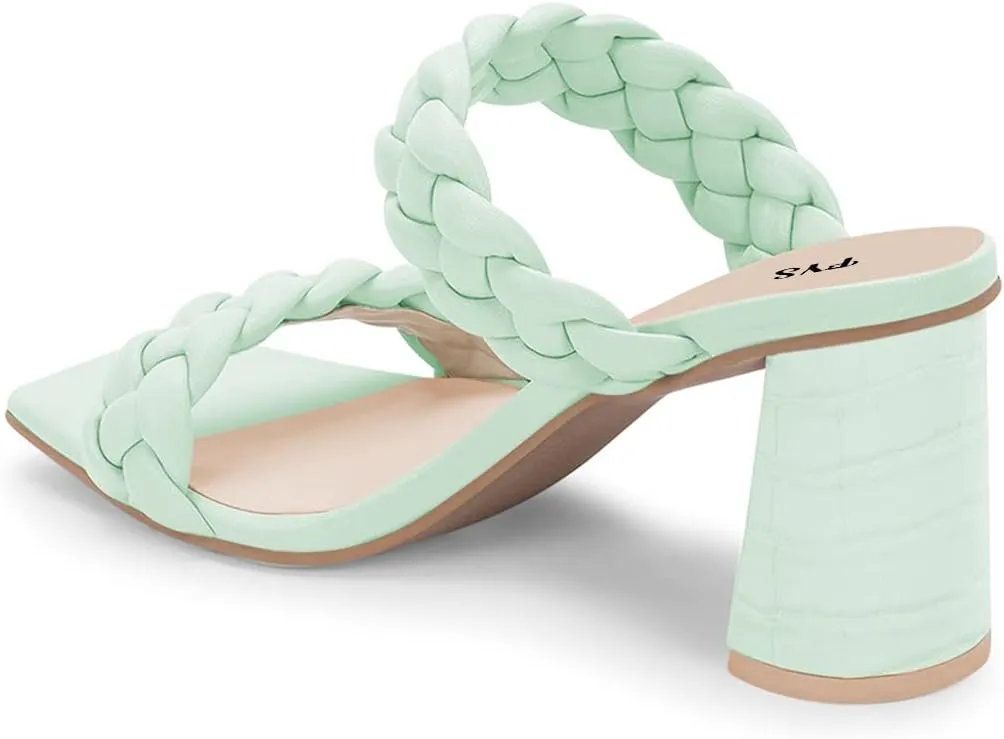 FYS Women Square Open Toe Mules Slip on Chunky High Heel Sandals Braid Cuchsioned Cool Summer Outdoor Indoor Shoes Size 4-15 US