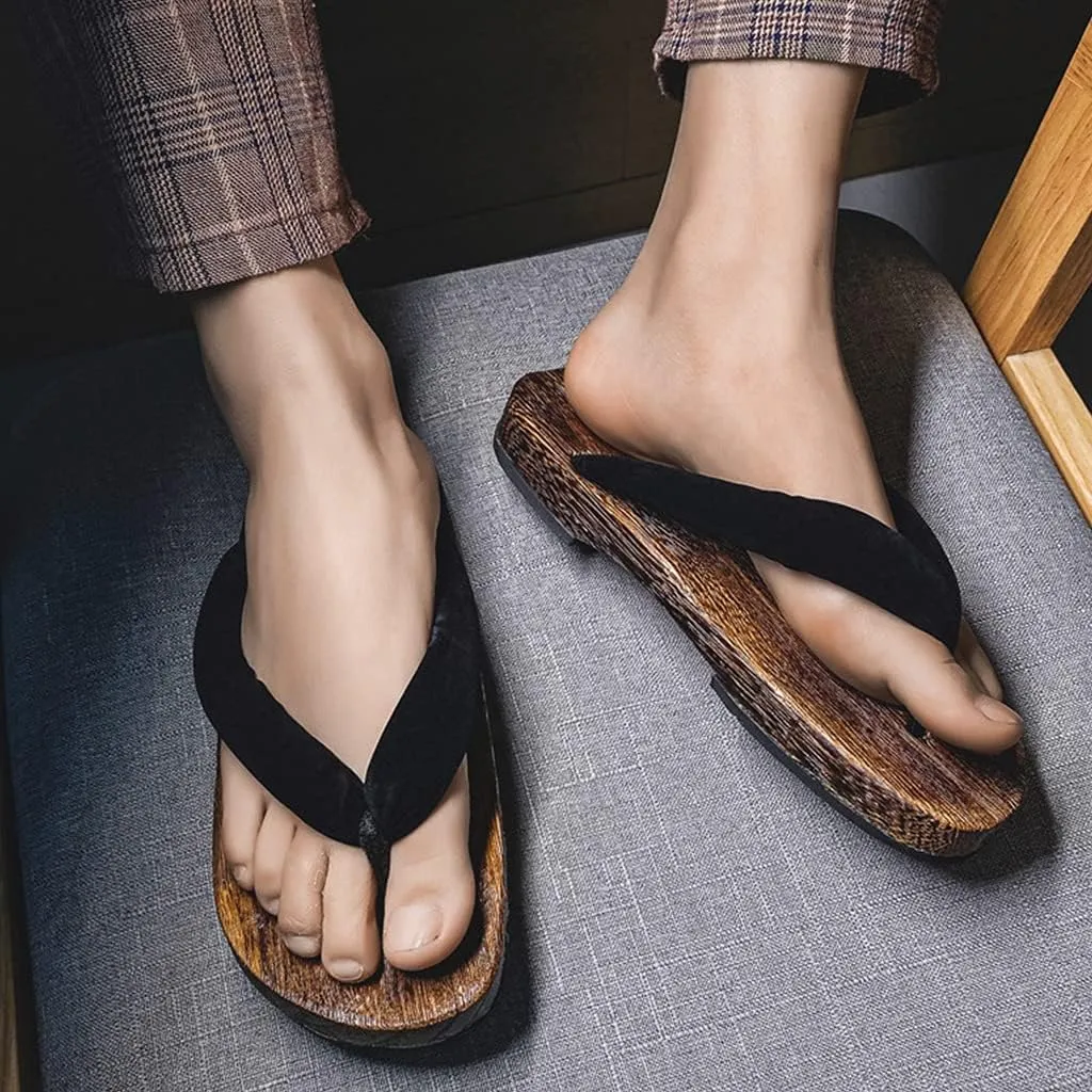 Geta Clogs Sandals Flip Flops for Men with Arch Support, Japanese Wooden Clogs Womens Japanese Style Wood Clog Flip Flops Anti-Skid Floral Mules Slippers