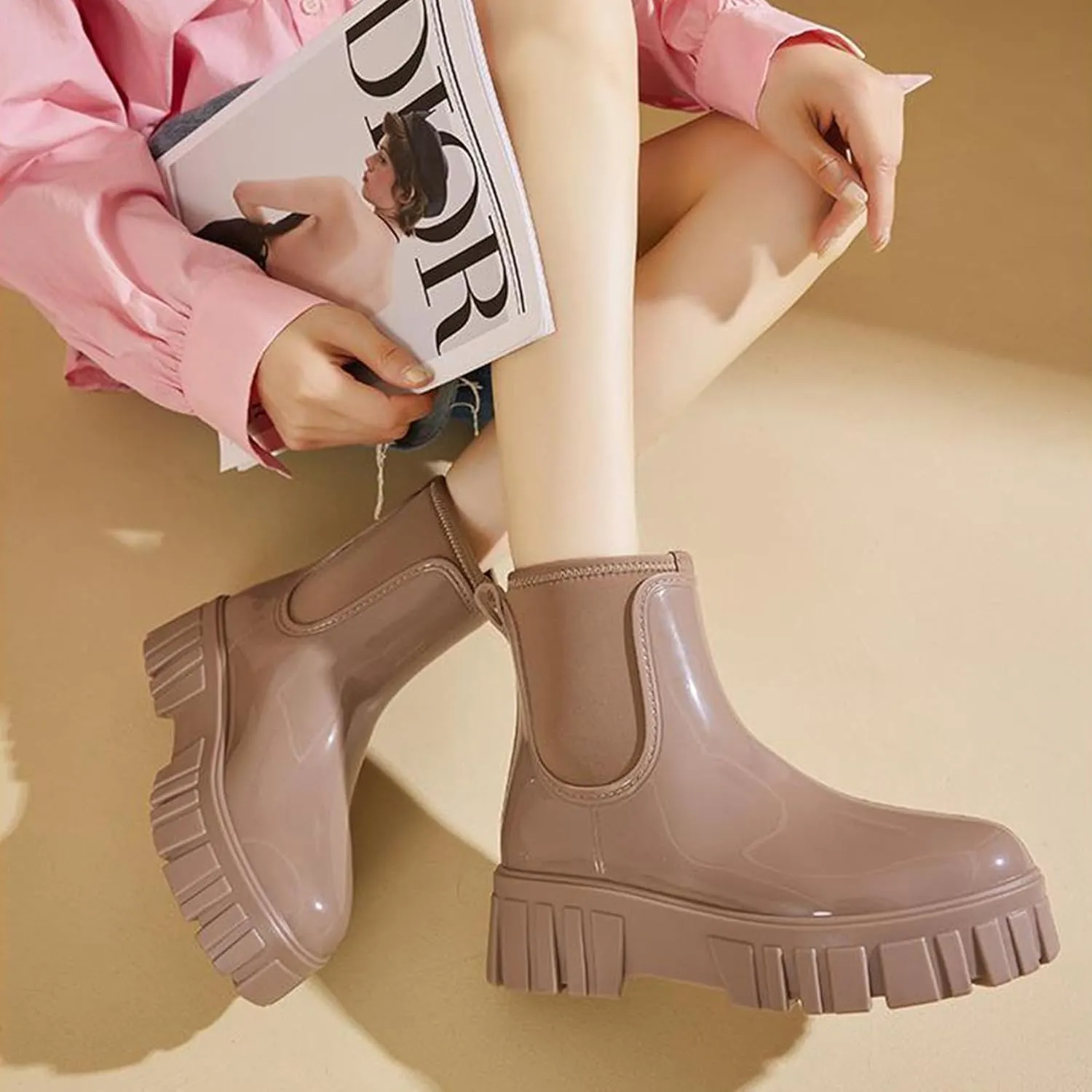 Gets Womens Rain Boots, Waterproof Platform Rubber Chelsea Rainboots, Comfortable Short Shoes Ankle Garden Boots for Outdoor Work