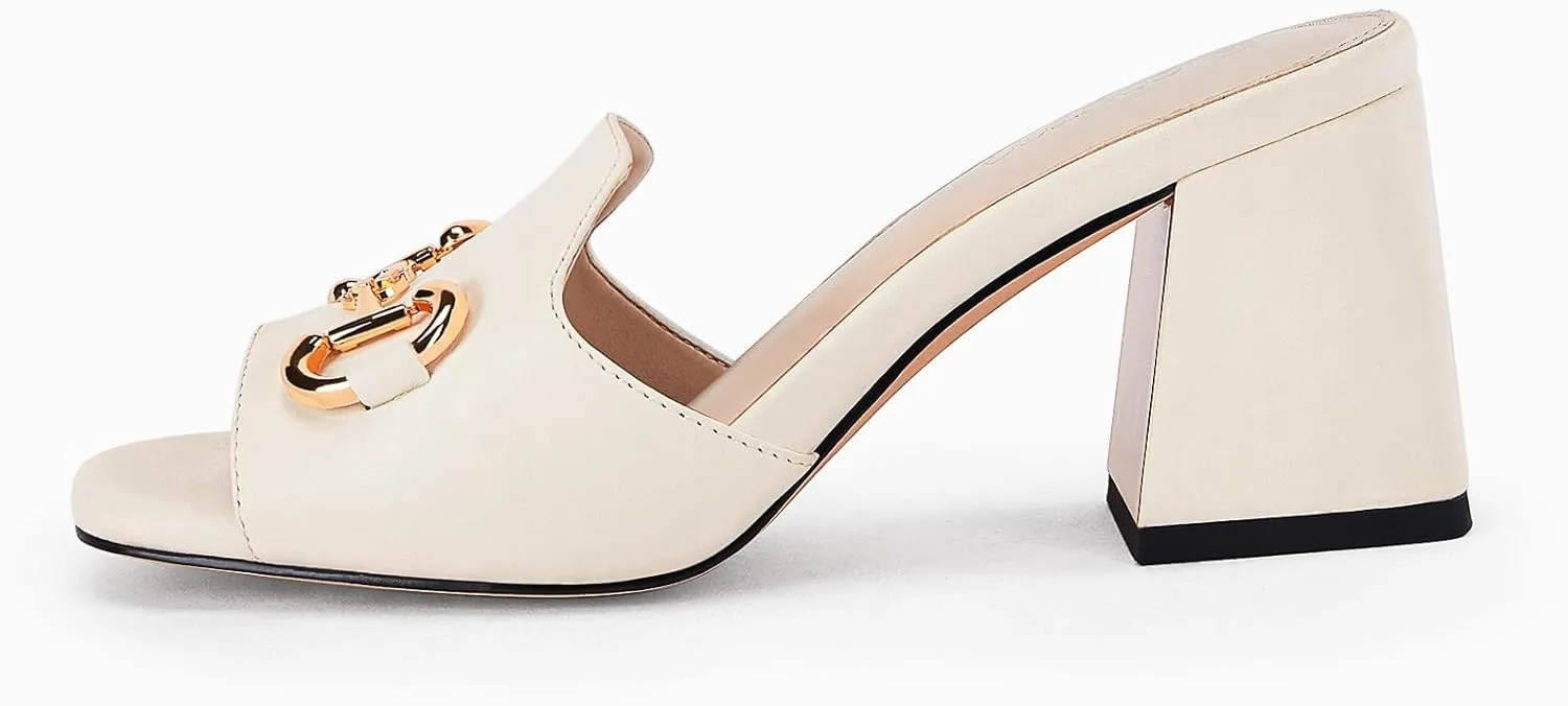 gihubafuil Women's Sandals Peep Toe Slides Chunky Heel Mules Single Band Comfort Slip-on Shoes with Metal Chain for Spring Summer