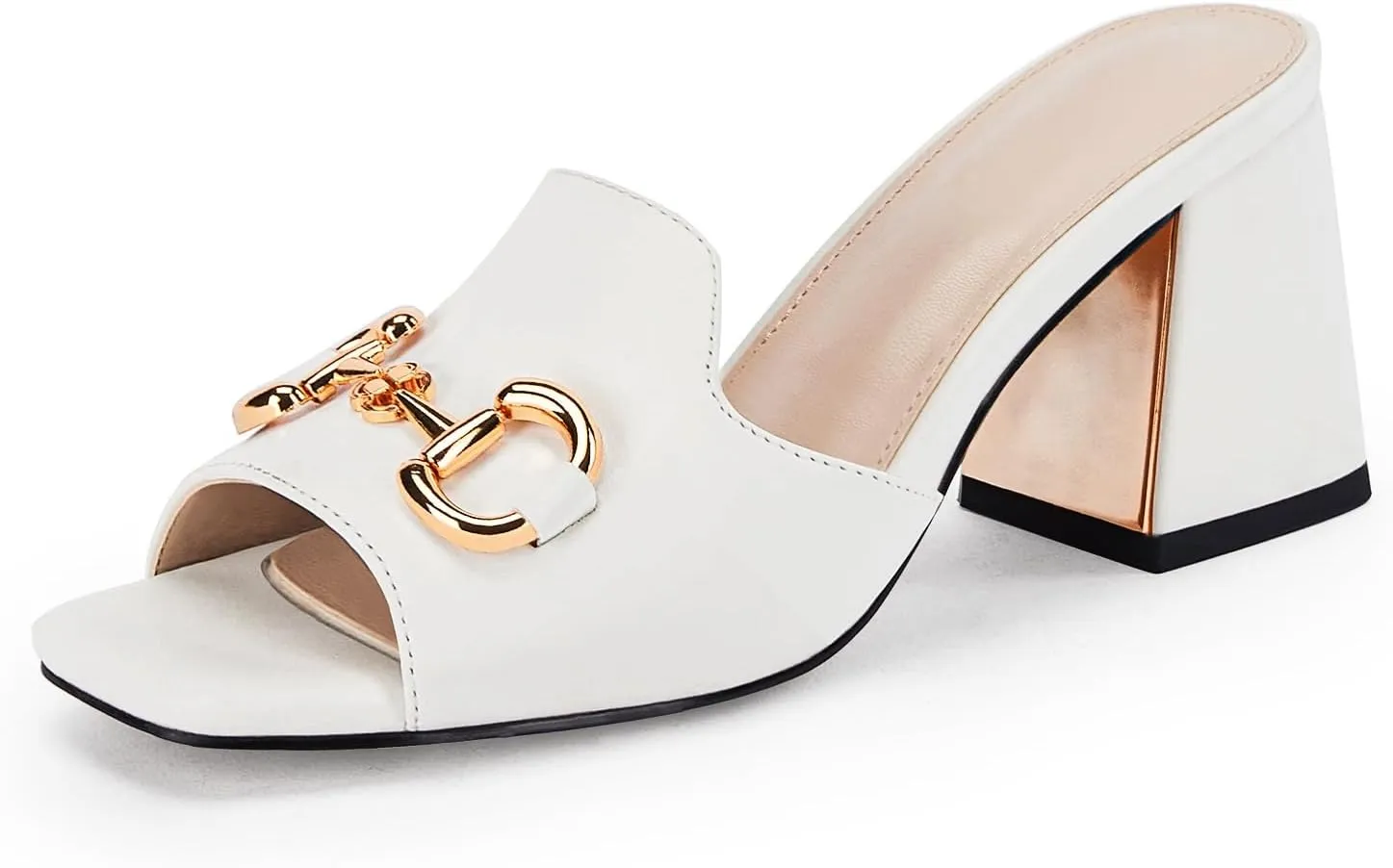 gihubafuil Women's Sandals Peep Toe Slides Chunky Heel Mules Single Band Comfort Slip-on Shoes with Metal Chain for Spring Summer
