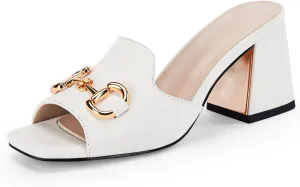 gihubafuil Women's Sandals Peep Toe Slides Chunky Heel Mules Single Band Comfort Slip-on Shoes with Metal Chain for Spring Summer