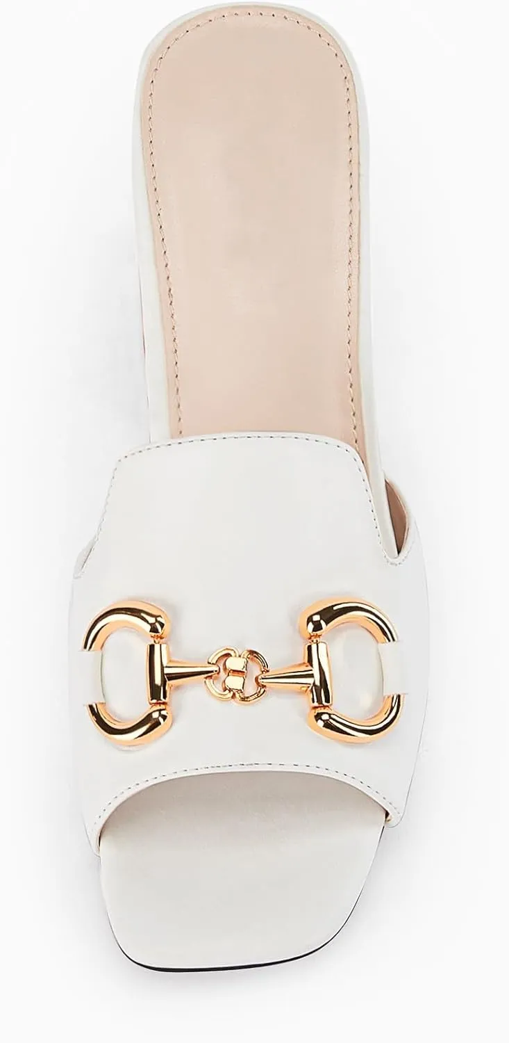 gihubafuil Women's Sandals Peep Toe Slides Chunky Heel Mules Single Band Comfort Slip-on Shoes with Metal Chain for Spring Summer