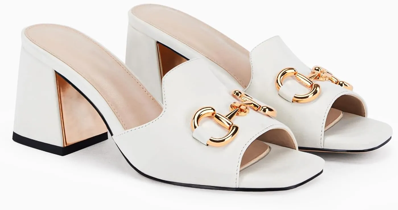 gihubafuil Women's Sandals Peep Toe Slides Chunky Heel Mules Single Band Comfort Slip-on Shoes with Metal Chain for Spring Summer