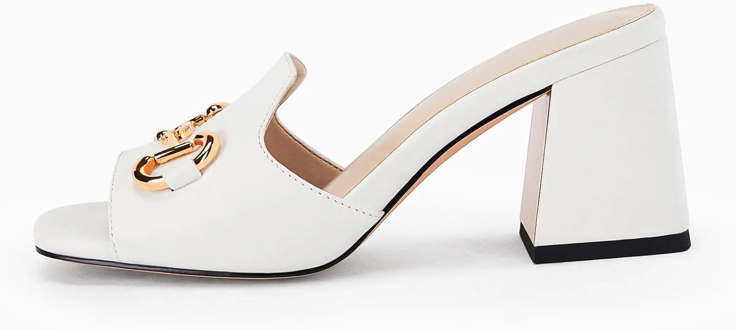 gihubafuil Women's Sandals Peep Toe Slides Chunky Heel Mules Single Band Comfort Slip-on Shoes with Metal Chain for Spring Summer