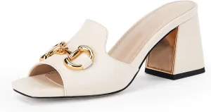 gihubafuil Women's Sandals Peep Toe Slides Chunky Heel Mules Single Band Comfort Slip-on Shoes with Metal Chain for Spring Summer