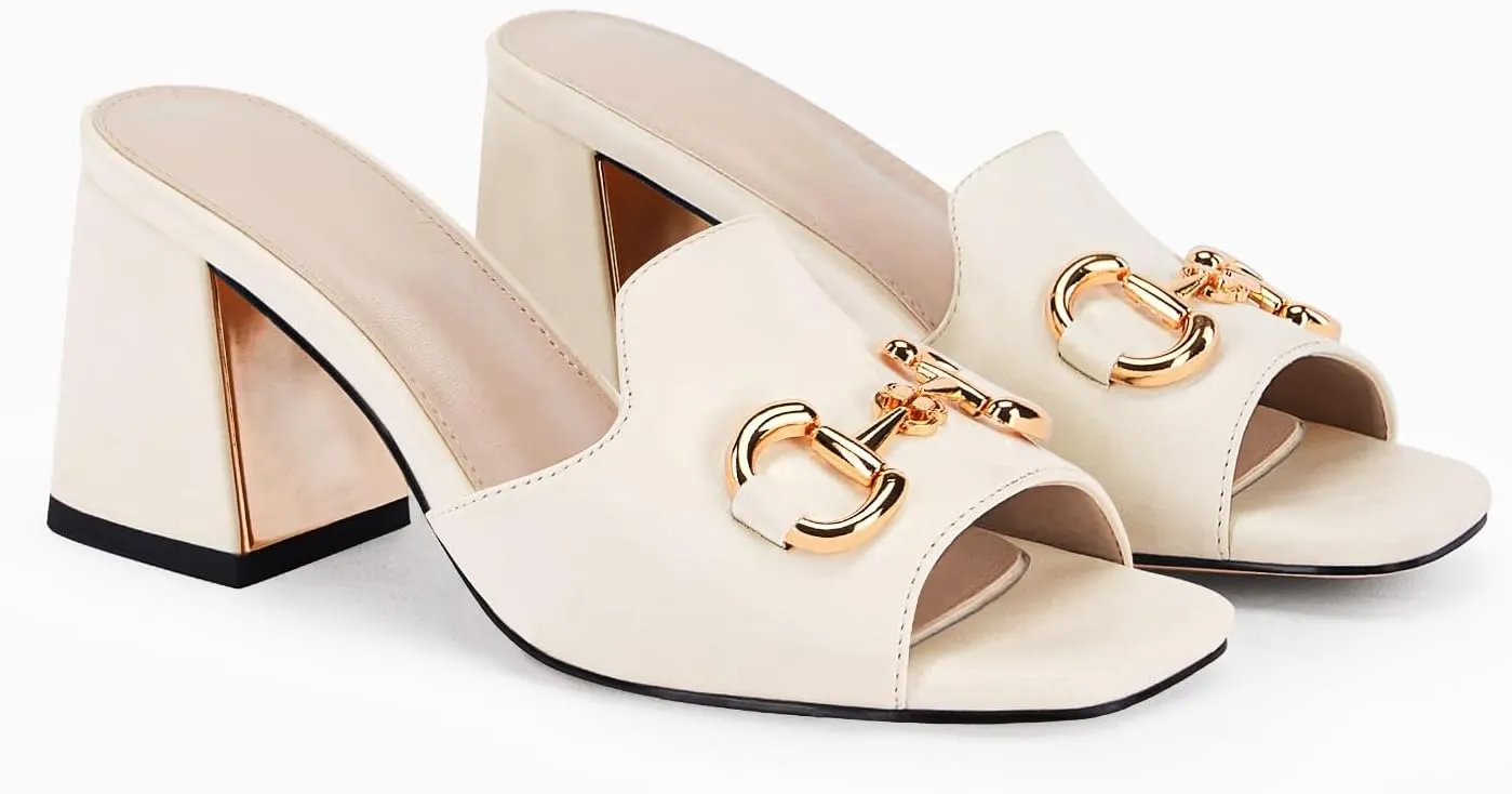 gihubafuil Women's Sandals Peep Toe Slides Chunky Heel Mules Single Band Comfort Slip-on Shoes with Metal Chain for Spring Summer