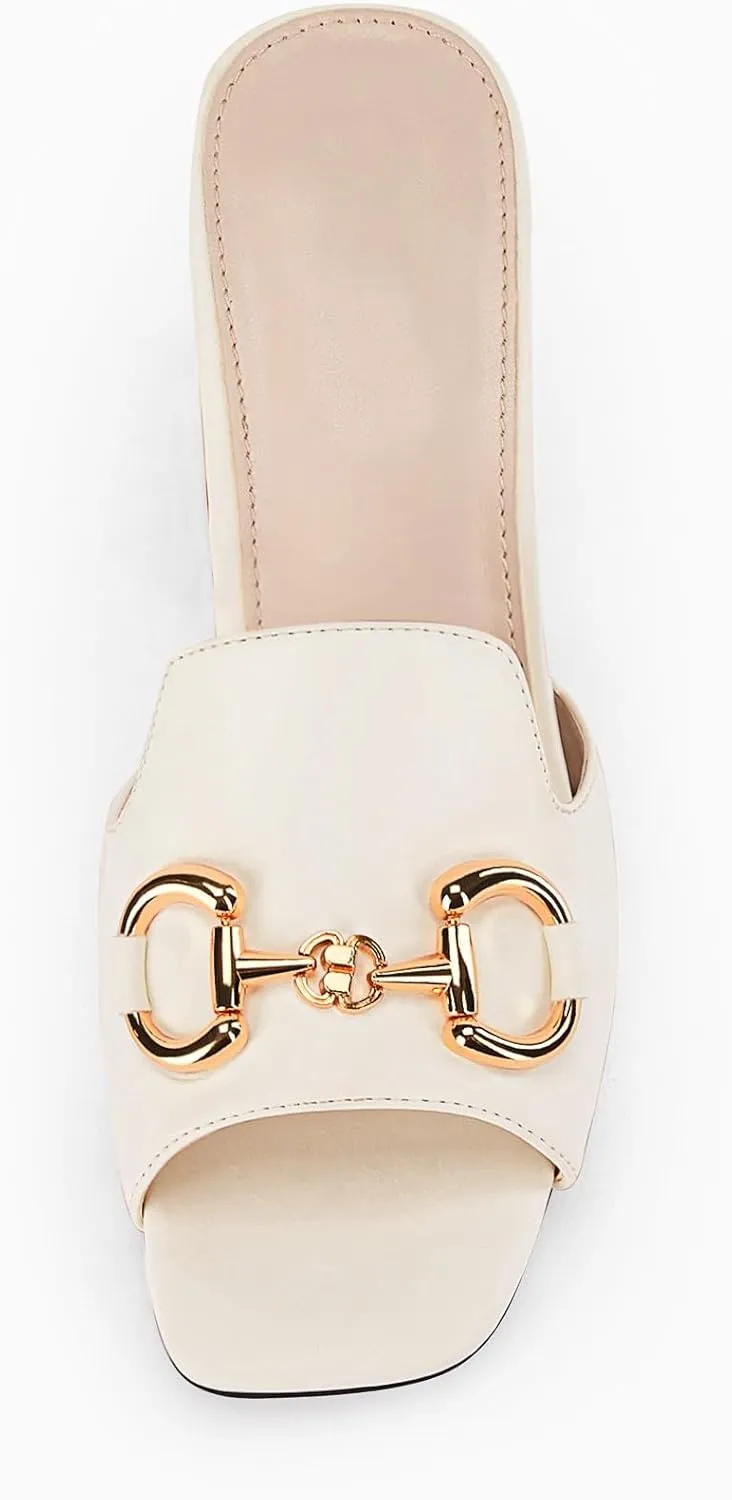gihubafuil Women's Sandals Peep Toe Slides Chunky Heel Mules Single Band Comfort Slip-on Shoes with Metal Chain for Spring Summer